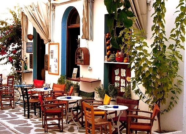 A nicely decorated cafe in Parikia, Paros Island, Greece