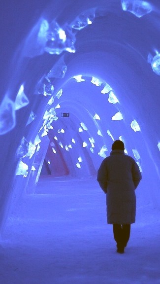 Frozen blue corridor at Levi Ice Hotel, Finland
