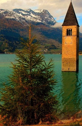 The bell tower at Lago di Resia, South Tyrol / Italy