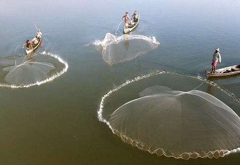 Fishing nets looking like giant jellyfishes in Amarapura , Myanmar